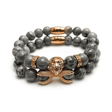 Man Bracelets - Men’s Beaded Bracelets - Rose Gold Lion & Grey Stones Bracelets Set - Mens Bracelet Bracelet XS (14-15cm) Brother & Sisters
